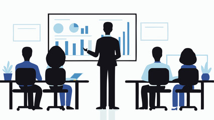 A presenter giving a presentation to a group of people in a conference room with charts and graphs shown