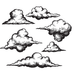 Hand drawn ink clouds set of vector graphics for decorative designs weather and climate