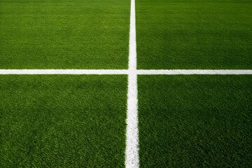 Fototapeta premium a well maintained green grass field with a thick white line running horizontally across the center. Thick horizontal white painted line is running across green grass turf in flat vector illustration