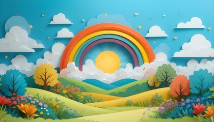 Rainbow Dreams: 3D Summer Landscape with Blue Sky and Cloudscape in Paper Cut Style