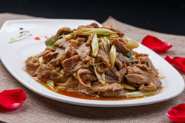 Braised lamb with green onions on a white porcelain plate