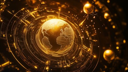 Golden Earth, digital interface, swirling, futuristic background
