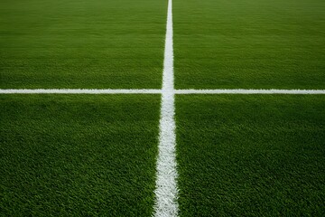 Obraz premium a green grass field with a thick white line running horizontally across the center. Thick horizontal white painted line is running across green grass turf in flat vector illustration, wallpaper,