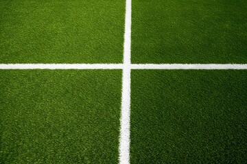 Fototapeta premium Thick horizontal white painted line is running across green grass turf in flat vector illustration, a well maintained green grass field with a thick white line running horizontally across the center. 