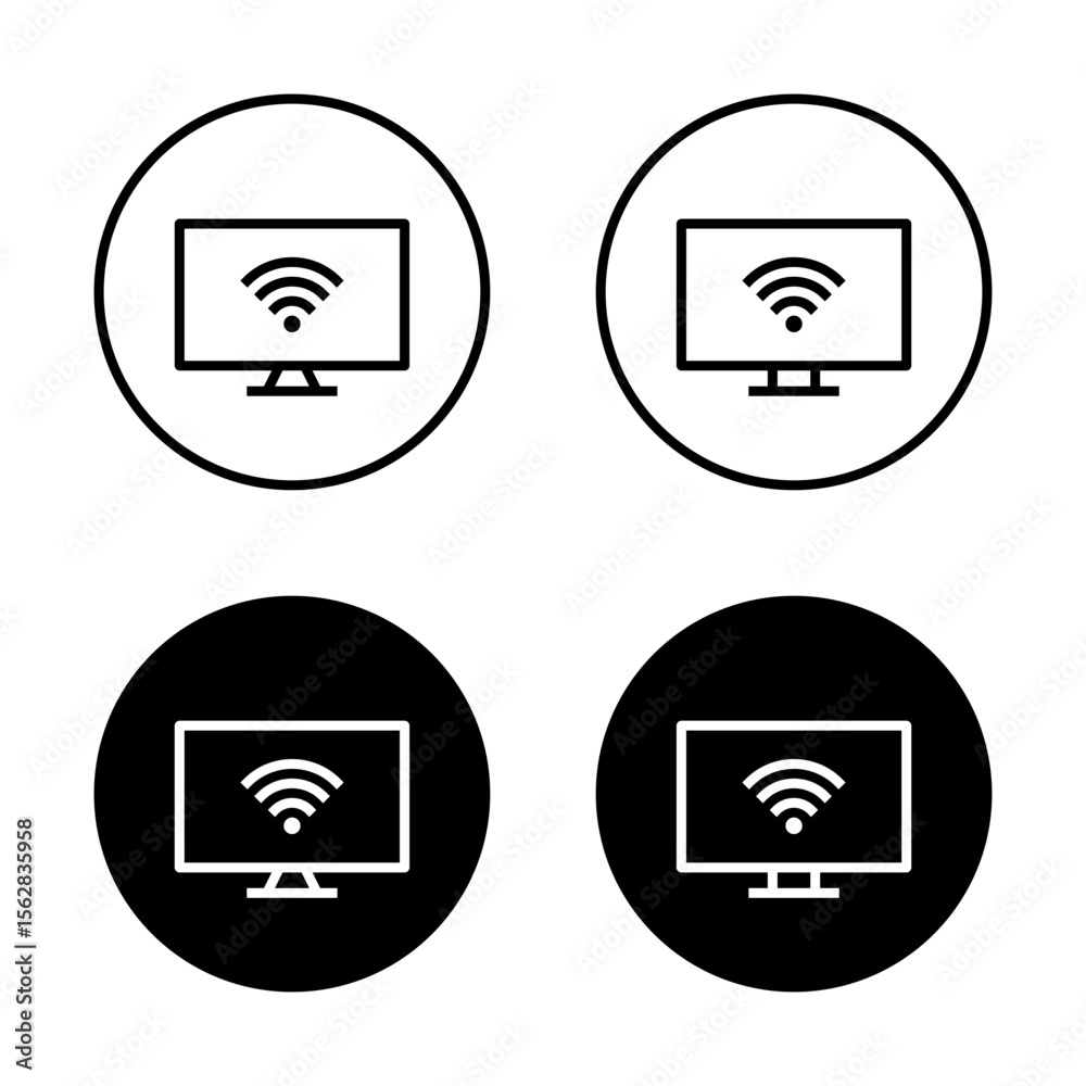 Fototapete WiFi signal on desktop monitor icon set. Wireless internet symbol inside circular outline