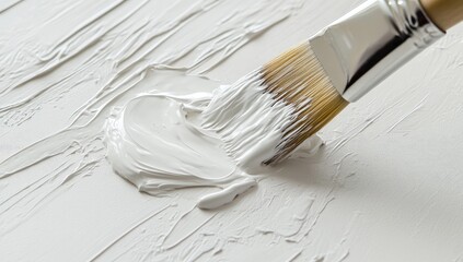 Close-up of a paintbrush applying white paint to canvas