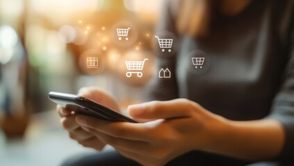 Woman using a smartphone, shopping icons overlay