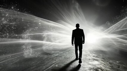 A silhouetted figure walks towards a bright, abstract light in a surreal, cosmic environment - Powered by Adobe