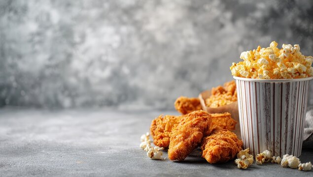 Crispy fried chicken wings and a bucket of popcorn sit on a textured gray surface against a blurred gray background