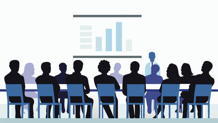 Illustration of a business meeting with people sitting around a table and a chart presentation shown