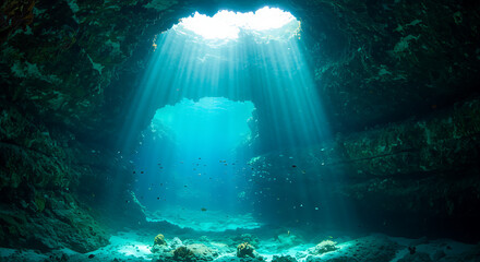 Underwater Cave Diving with Stunning Light Beams and Marine Life, Mystical Underwater Cave with Sunlight Rays in Crystal Clear Water