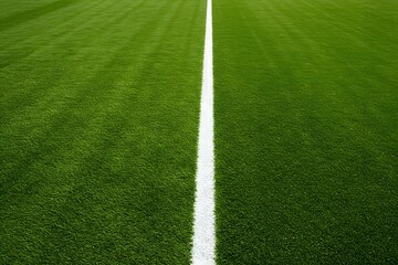 Obraz premium a well-maintained green grass field with a thick white line running horizontally across the center. wallpaper, Thick horizontal white painted line is running across green grass turf in flat vector