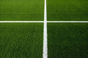 Obraz premium a well-maintained green grass field with a thick white line running horizontally across the center. Thick horizontal white painted line is running across green grass turf in flat vector illustration, 