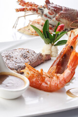 French-style grilled American king prawn steak served in exquisite tableware