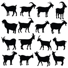 Collection of goat silhouettes showcases domestic animals in various poses against a white background, useful for design projects.