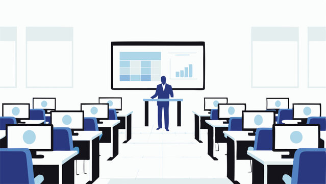 Instructor giving a presentation in a computer lab with desktops and a screen showing charts and graphs