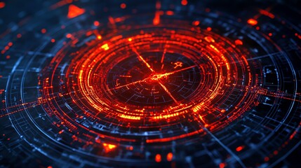 Abstract digital design with vibrant red and blue circular patterns radiating energy.