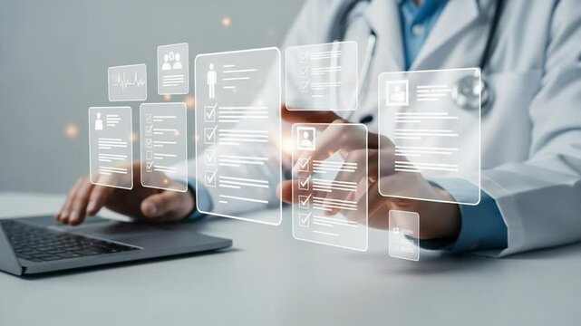 Doctor using laptop with floating digital medical records and health data management interface shown