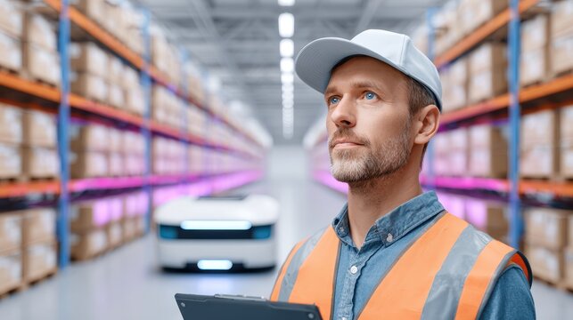 A warehouse worker observes automated technology while managing inventory in a modern storage facility.