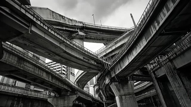 Intricate urban overpass network showcasing complex architecture and dramatic sky in the background