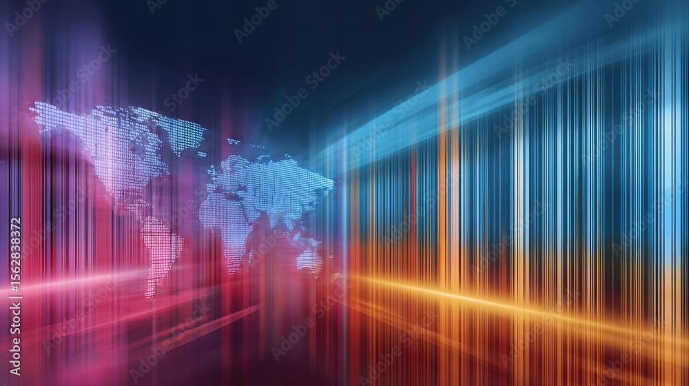 Aufkleber Abstract digital art featuring a stylized world map with colorful light streaks and data-like patterns, suggesting technology and global connectivity.