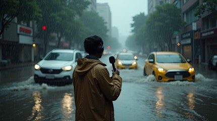 Journalist in yellow raincoat reporting in city street flooding