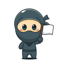Cute ninja with flag cartoon vector illustration