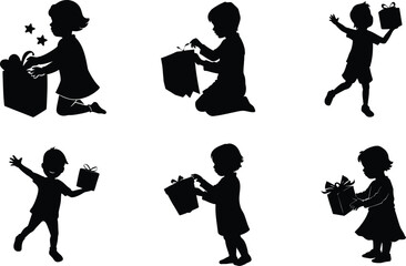 kid unwrapping gift silhouette on white background

