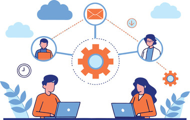 Diverse team collaborating remotely using laptops and cloud technology with gears and email icons symbolizing workflow and communication isolated on transparent background
