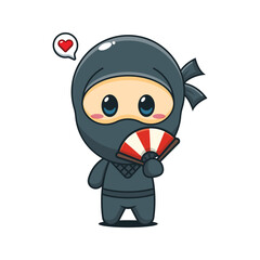 Cute ninja with hand fan cartoon vector illustration