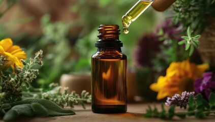 Amber glass bottle of essential oil, dropper, surrounded by herbs and flowers