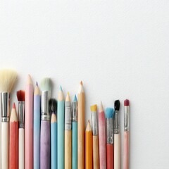 Colorful pencils and paintbrushes arranged on a white background, creating a vibrant and artistic border