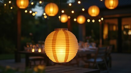 Outdoor dining area at twilight, paper lanterns