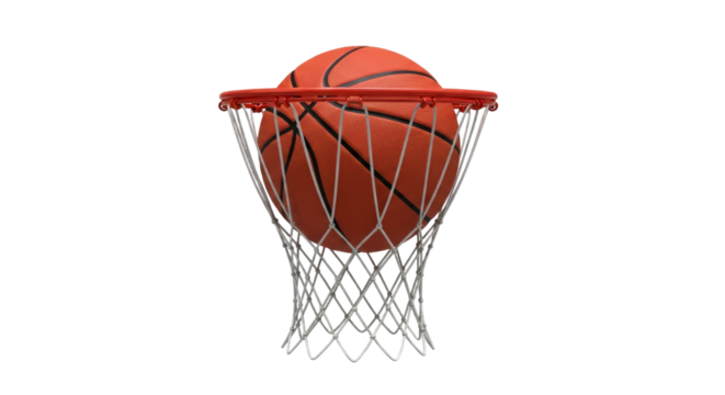 Basketball in the Net: A Perfect Shot! This image shows a basketball perfectly nestled in a hoop, capturing the essence of the game.