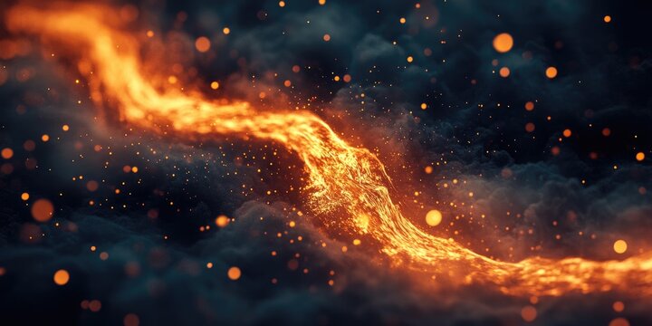 Fiery, flowing river of molten gold, amidst dark, smoky clouds - Powered by Adobe