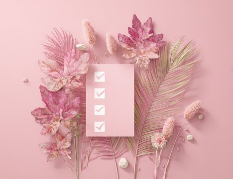 Pink floral flatlay featuring a checklist card surrounded by pastel leaves, blossoms, and stones on a matching background