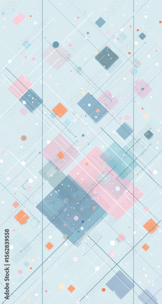 Poster Pastel geometric shapes and lines intersect on a light blue background, creating a dynamic, airy composition with scattered dots