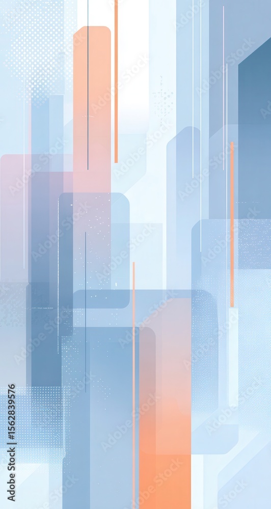 Poster Abstract cityscape with translucent, pastel-toned rectangles and vertical lines suggesting buildings and light