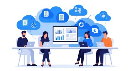Naklejka premium Diverse team collaborating on cloud data analytics and digital transformation initiatives