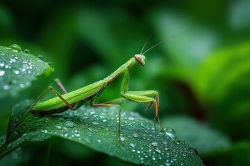 Green mantis on wet leaves