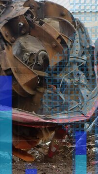 Animation of statistical data processing over crane operating at junkyard