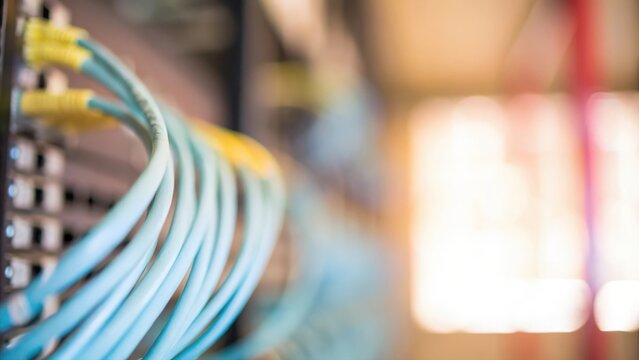 Blurred view of data center with neatly arranged ethernet cables connected to server rack	
