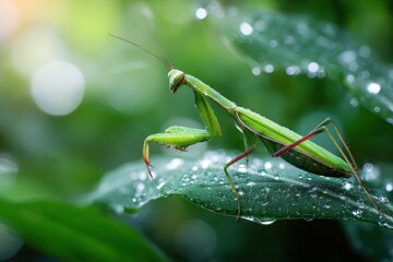 Green Praying Mantis on a Leaf