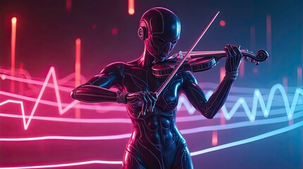 Futuristic female android playing a violin with neon waveforms in the background