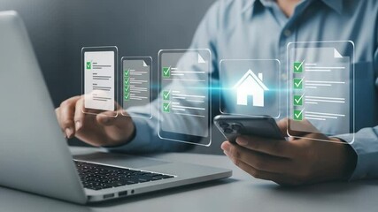 Person using laptop and phone with digital checklist and house icon overlays on screen display