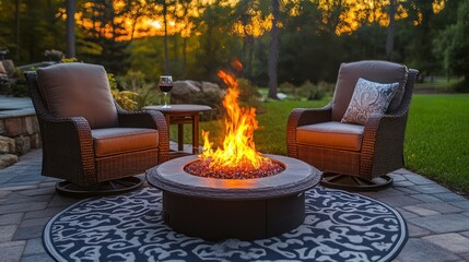 Outdoor fire pit with comfortable seating at sunset