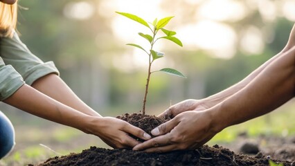 Blurred natural setting with diverse hands supporting a small tree sprout in freshly turned soil	
