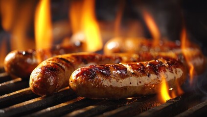 Grilled sausages cooking over flames