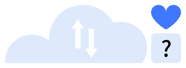 Cloud with arrows indicating data transfer, adjacent blue heart and question mark icon. Ideal for cloud storage, online backup, data sharing, technology, internet services, digital security, simple