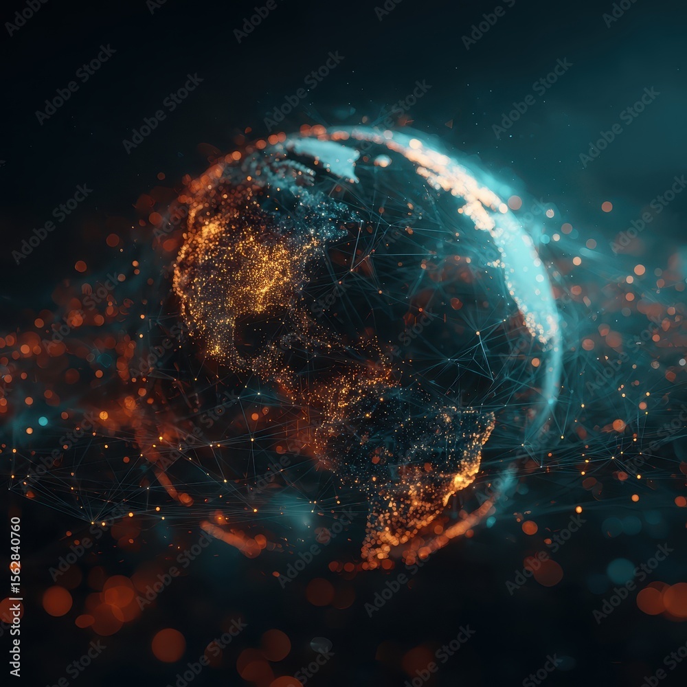 Poster A stylized Earth, glowing with interconnected nodes of light, primarily illuminating the Americas, set against a dark, bokeh-filled backdrop